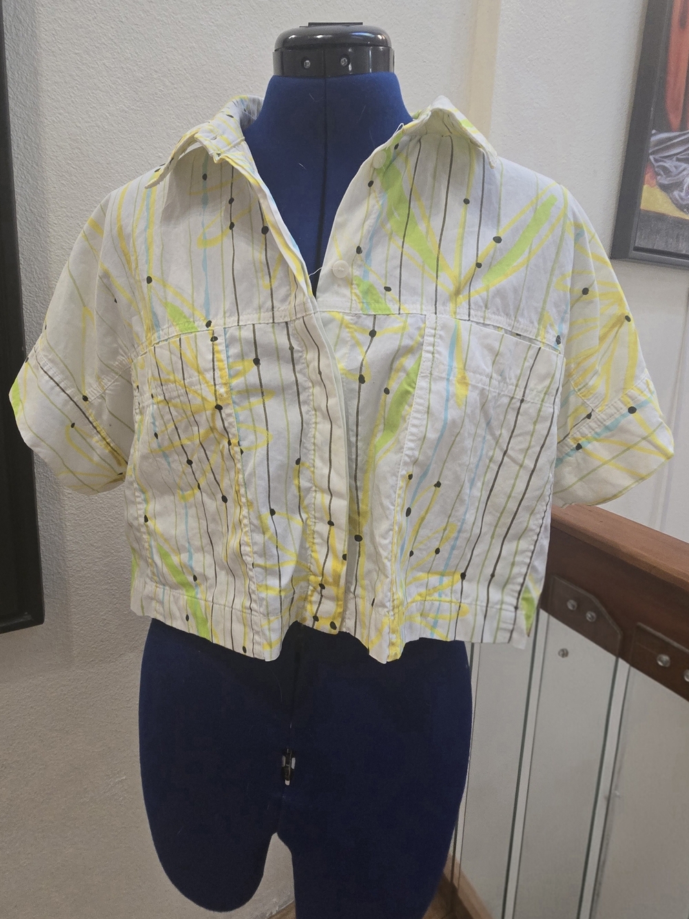 Zara Daisy Print Poplin Cropped Short Sleeve Shirt Yellow Buttoned Top Sz Large